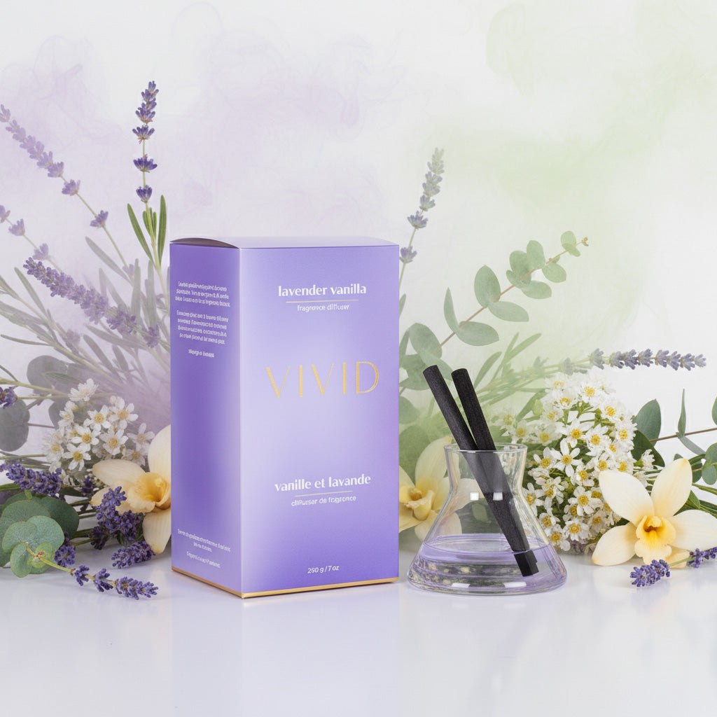 Diffuseur moderne Lavande Vanille avec parfum apaisant aux herbes par Aromabotanical