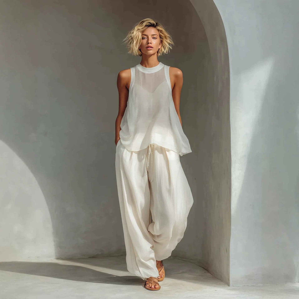 Sheer Round-neck Sleeveless Tank Top And Drawstring Wide-leg Pants Set