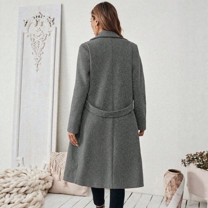 Women’s Double-Breasted Wool Coat – Solid Color Lapel Collar Winter Jacket