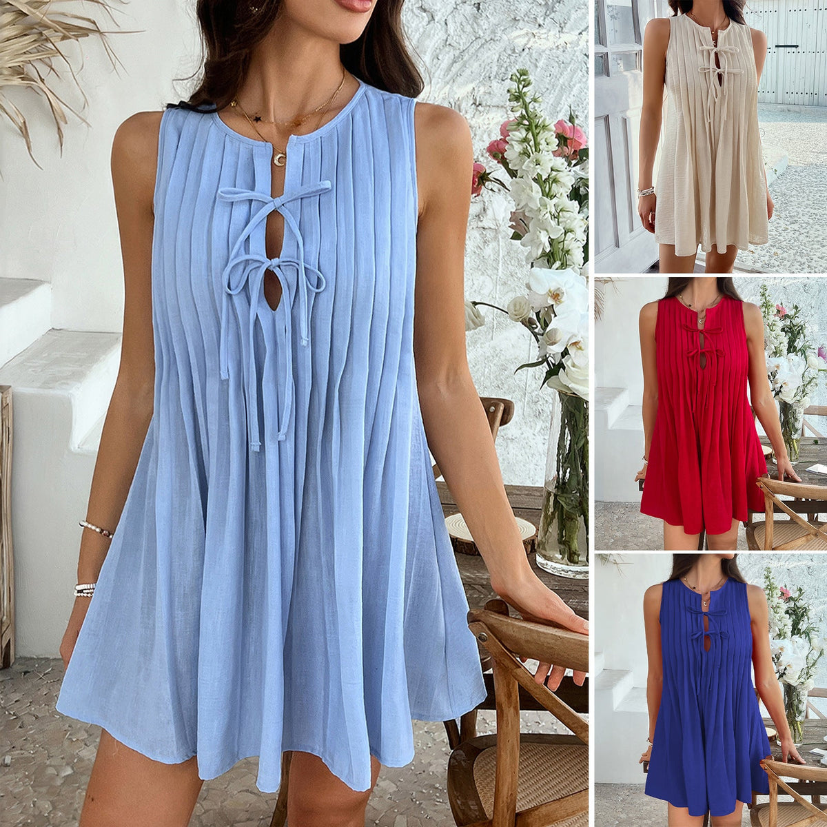 Women’s Solid Color Lace-Up Pleated Mini Dress – Sleeveless Casual Summer Party Dress