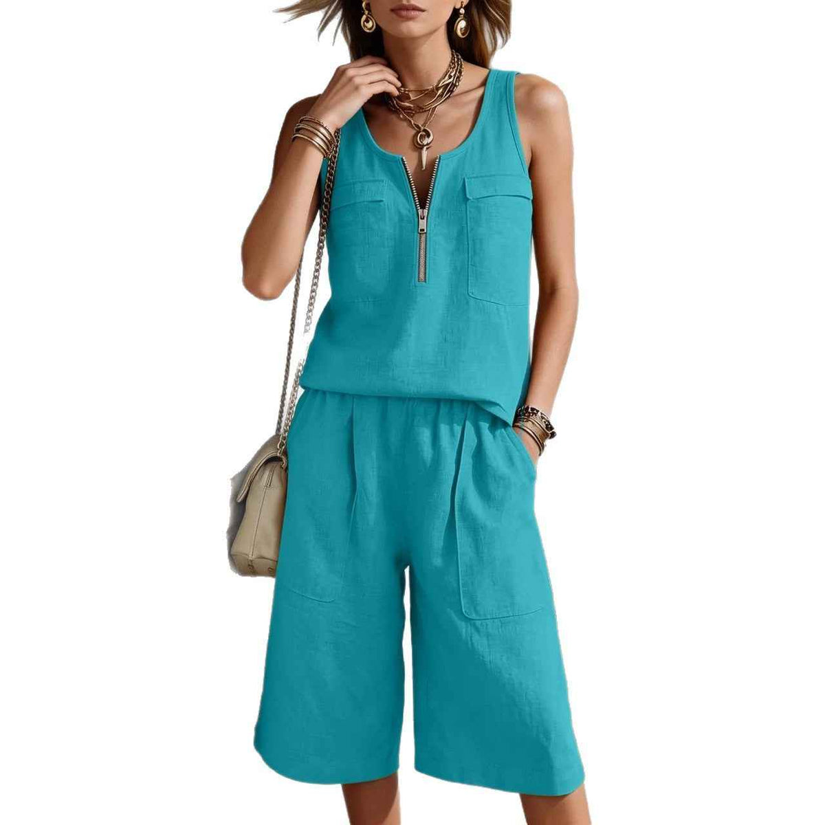 Sleeveless Tank Top And Straight-leg Capri Pants Casual Set