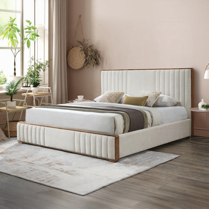 Lit plateforme capitonné Mahi - Beige/Noyer