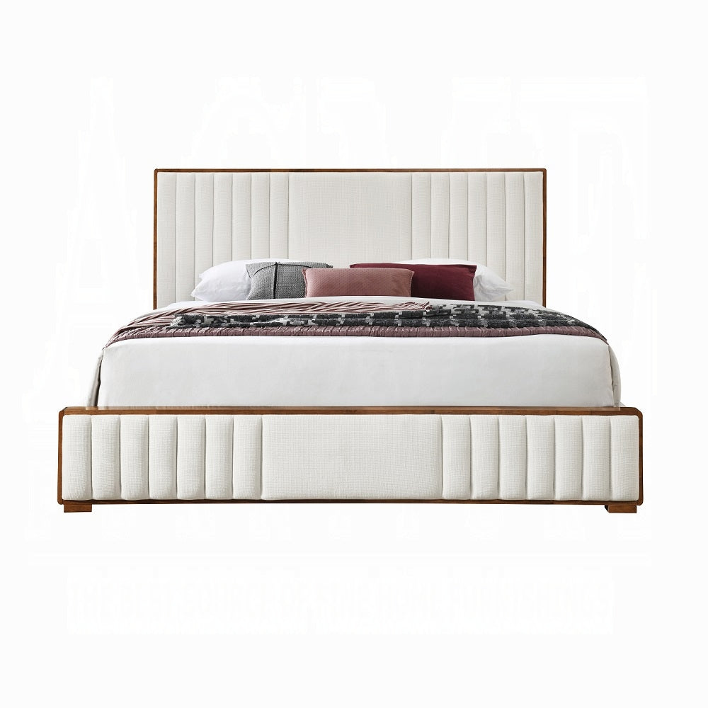 Lit plateforme capitonné Mahi - Beige/Noyer