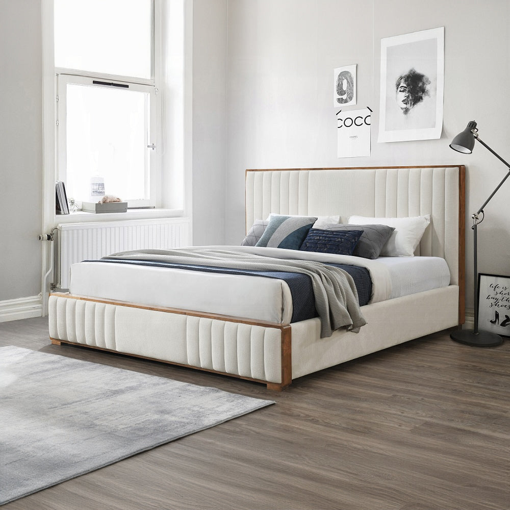 Lit plateforme capitonné Mahi - Beige/Noyer