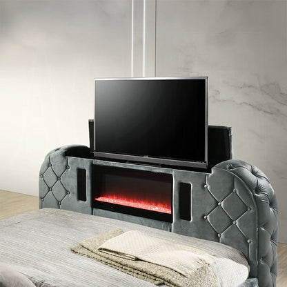 Lit plateforme intelligent Tagus avec LED/cheminée/meuble TV - Gris