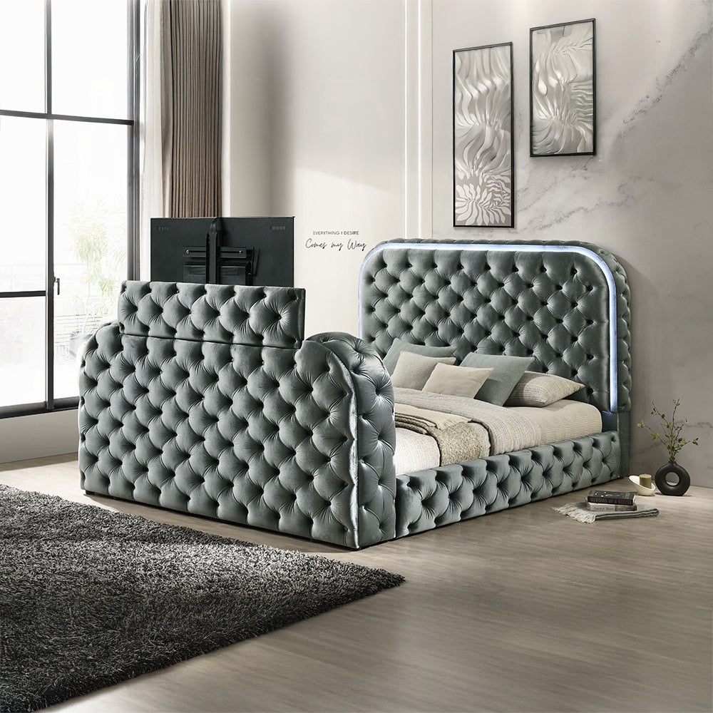 Lit plateforme intelligent Tagus avec LED/cheminée/meuble TV - Gris
