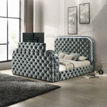 Lit plateforme intelligent Tagus avec LED/cheminée/meuble TV - Gris