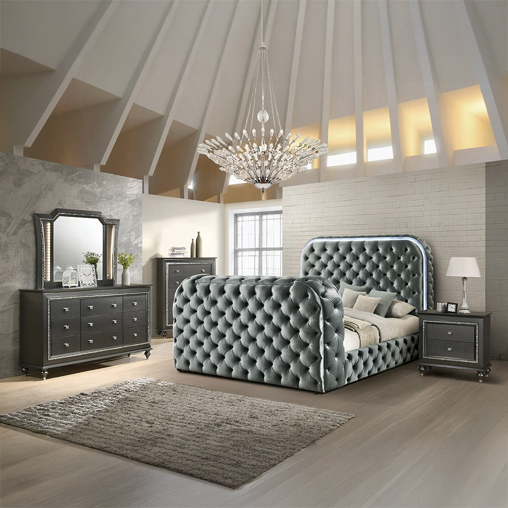 Lit plateforme intelligent Tagus avec LED/cheminée/meuble TV - Gris