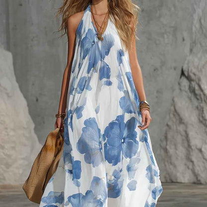 Vintage-Inspired Holiday Maxi Dress – Women's Blue Chiffon Oversized Print Dress