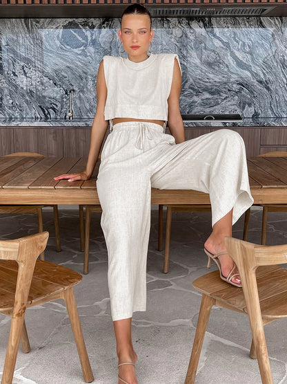 Women's Cotton Linen Two Piece Set – Sleeveless Blouse and Wide Leg Trousers Outfit