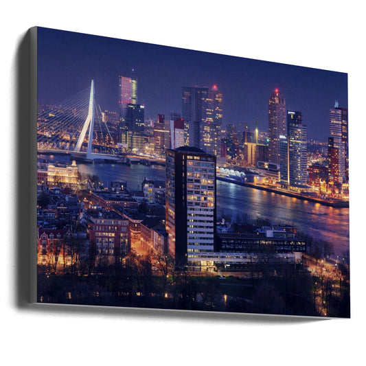 Rotterdam Skyline and Erasmus Bridge at Night Canvas Wall Art | Big Rotterdam 2