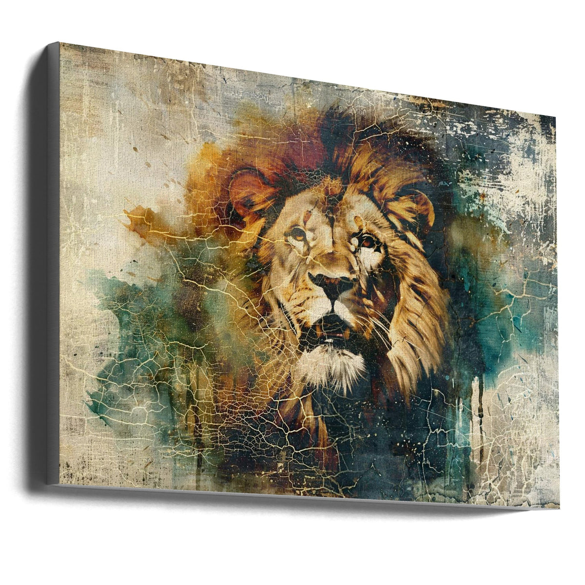Vintage Lion Portrait with Teal and Gold Texture Canvas Wall Art | Lion Animal Vintage Art Illustration Wallart 06
