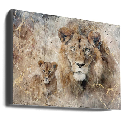 Lion and Cub in Soft Neutral Texture Canvas Wall Art | Lion Animal Vintage Art Illustration Wallart 08