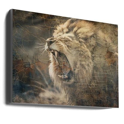 Roaring Lion in Weathered Earth Tones Canvas Wall Art | Lion Animal Vintage Art Illustration Wallart 09