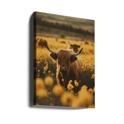 Art mural vaches des Highlands dans un champ de fleurs