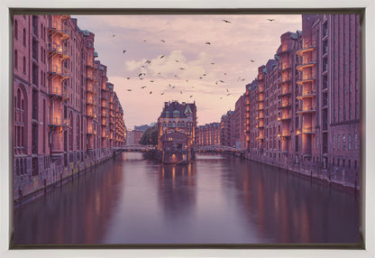 Warm Toned Warehouse Canal Cityscape Canvas Wall Art | City of Warehouses