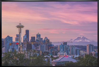 Seattle Skyline with Pink Morning Sky Canvas Wall Art | Good Morning, Seattle!