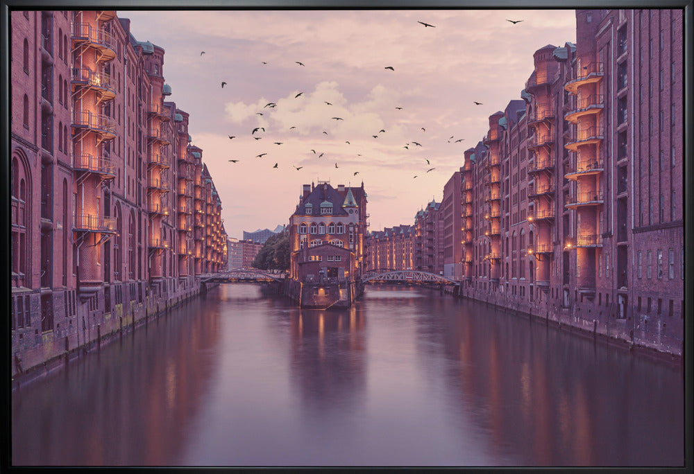 Warm Toned Warehouse Canal Cityscape Canvas Wall Art | City of Warehouses