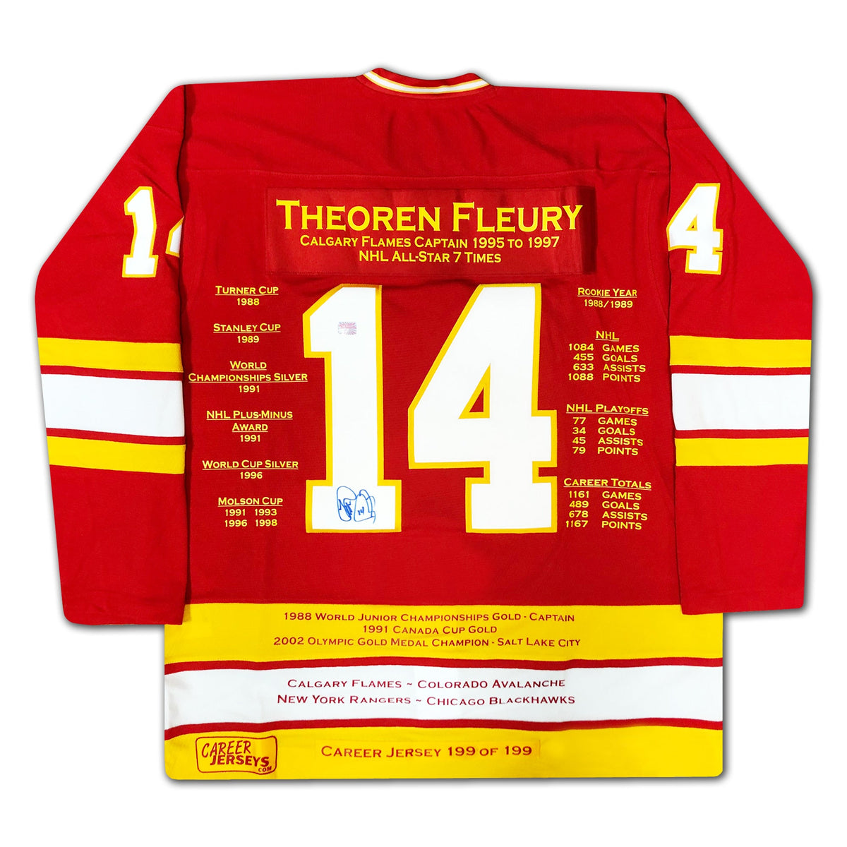 MAILLOT DE CARRIÈRE THEOREN FLEURY #1 SUR 199 - AUTOGRAPHÉ - CALGARY FLAMES - OBJET DE COLLECTION LNH EN ÉDITION LIMITÉE (TAILLE L OU XL)