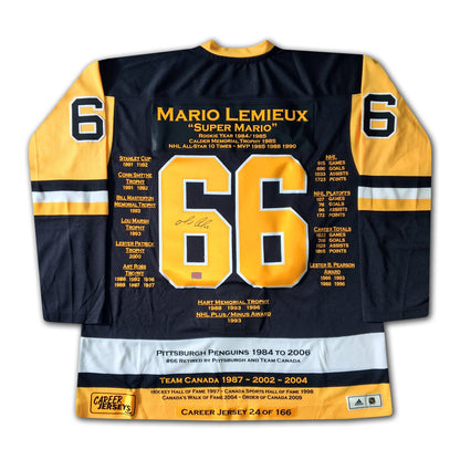 MAILLOT DE CARRIÈRE MARIO LEMIEUX AUTOGRAPHÉ - ÉDITION LIMITÉE 166 - PENGUINS DE PITTSBURGH