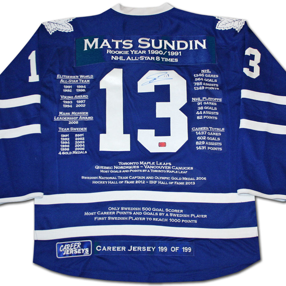 MAILLOT DE CARRIÈRE MATS SUNDIN #199 SUR 199 - AUTOGRAPHIÉ - TORONTO MAPLE LEAFS