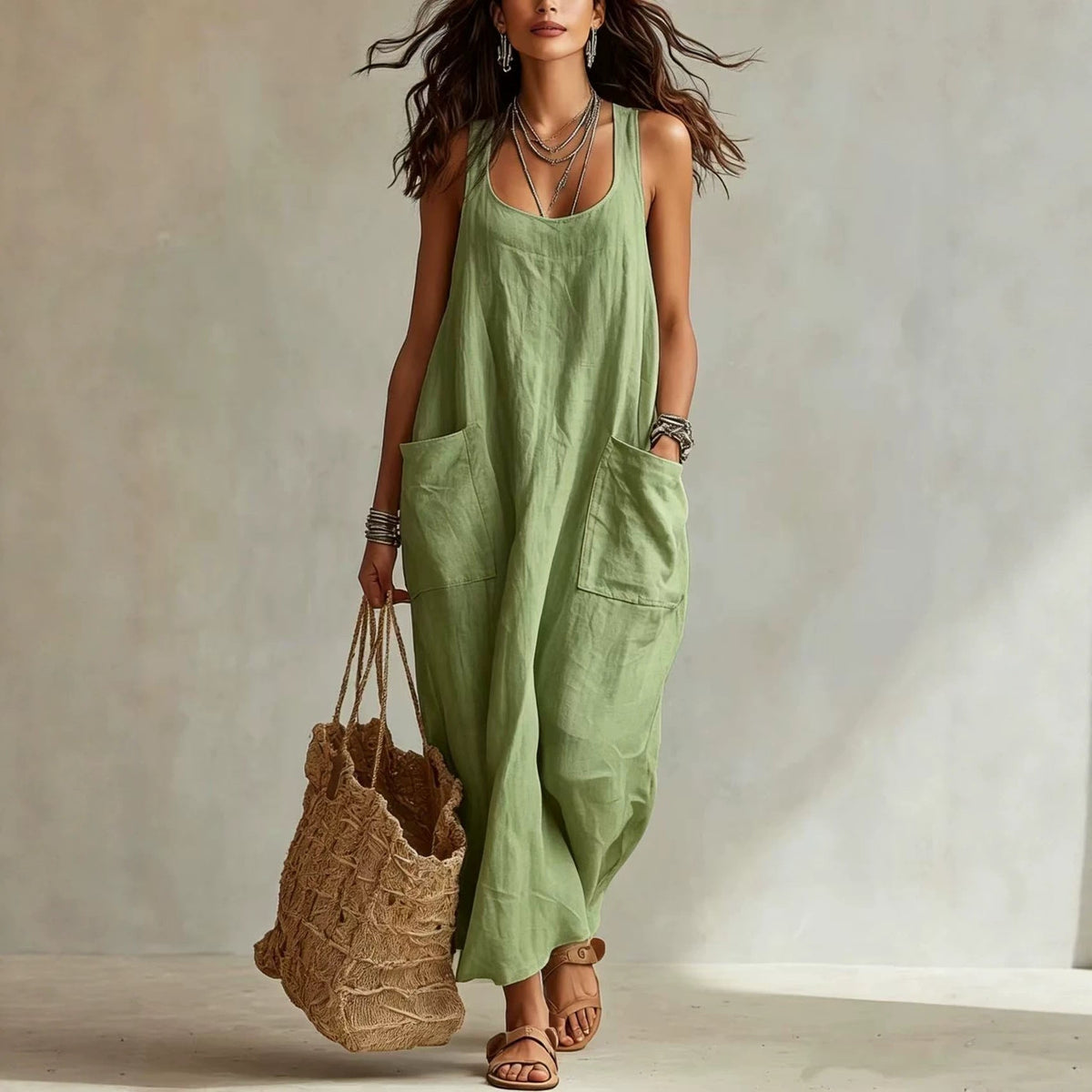 Elegant Casual Long Slip Dress With Pockets