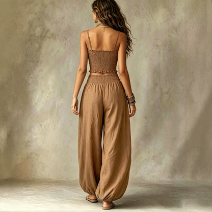 Women's Strapless Two Piece Set – Crop Top and Wide Leg Lantern Pants Outfit