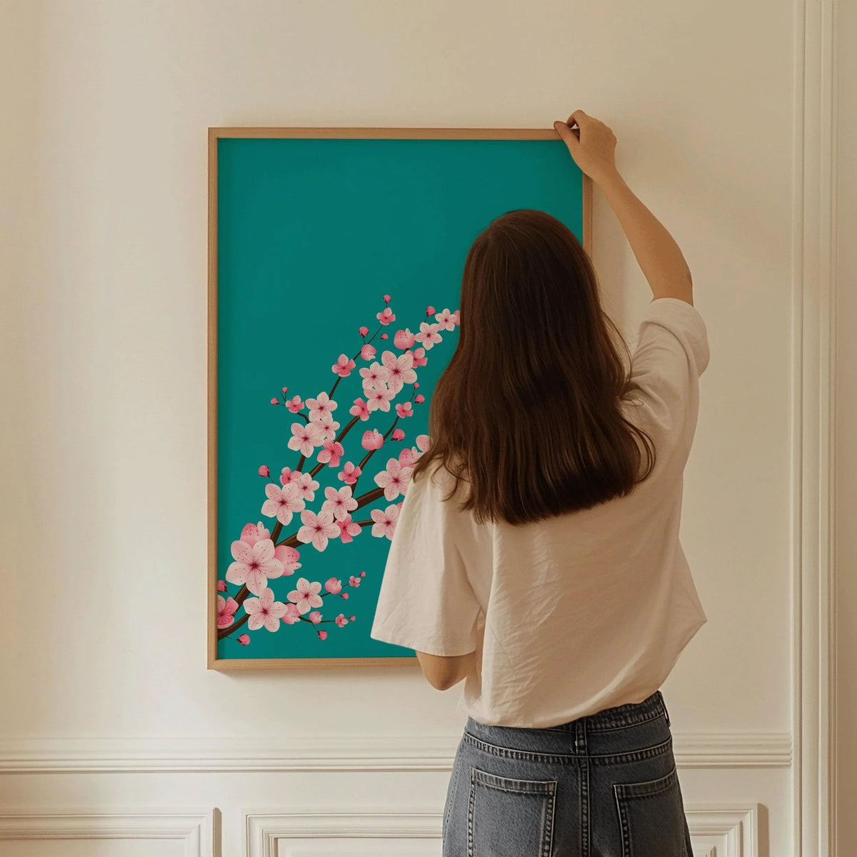 Cherry Blossoms with Teal Aquamarine Background (available handframed ready to hang or unframed)