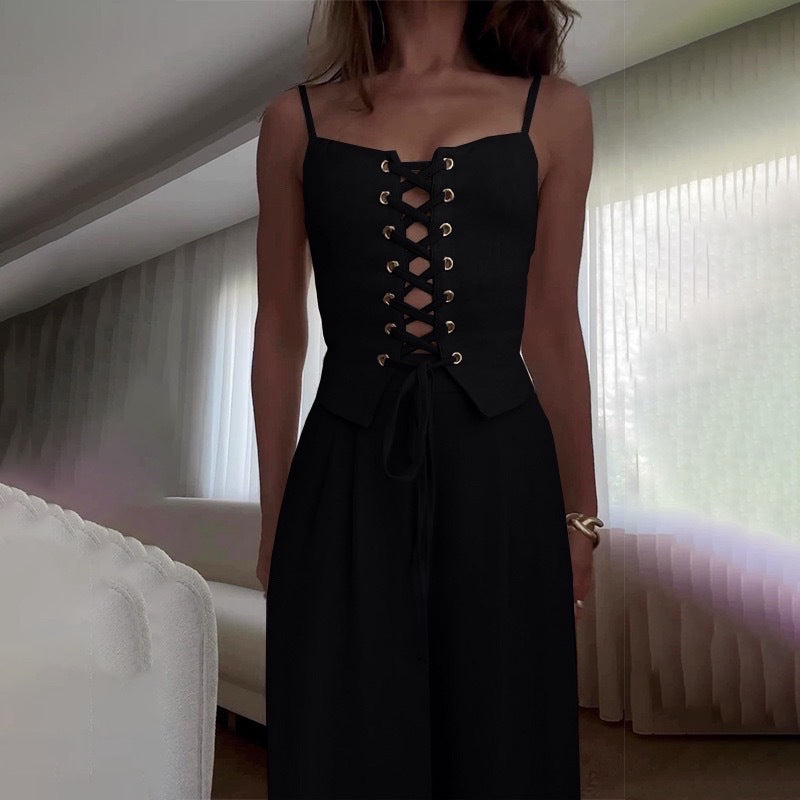 Women’s Sexy Hollow-Out Strap Top & Wide-Leg Pants Set – Casual Summer 2-Piece Outfit