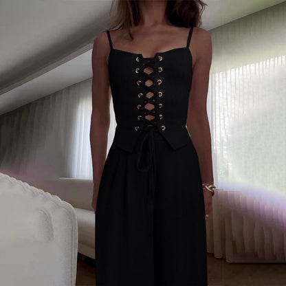 Women’s Sexy Hollow-Out Strap Top & Wide-Leg Pants Set – Casual Summer 2-Piece Outfit