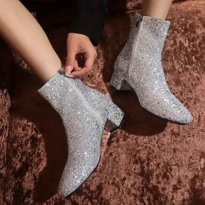 Women's Fashion Chunky Heel Boots – Cozy Faux Fur Detail Slip-On Shoes