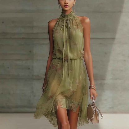Women's V-Neck Tie-Dye Ruffle Dress - Elegant Sleeveless Dress