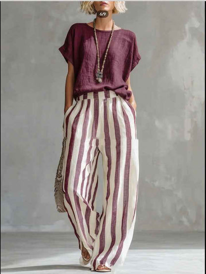 Women's Summer Two Piece Set – Short Sleeve Top with Striped Straight Leg Pants