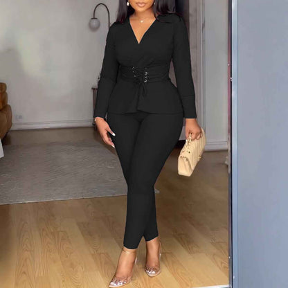 Women's V-Neck Two Piece Set – Long Sleeve Top and Pants Elegant Workwear Outfit