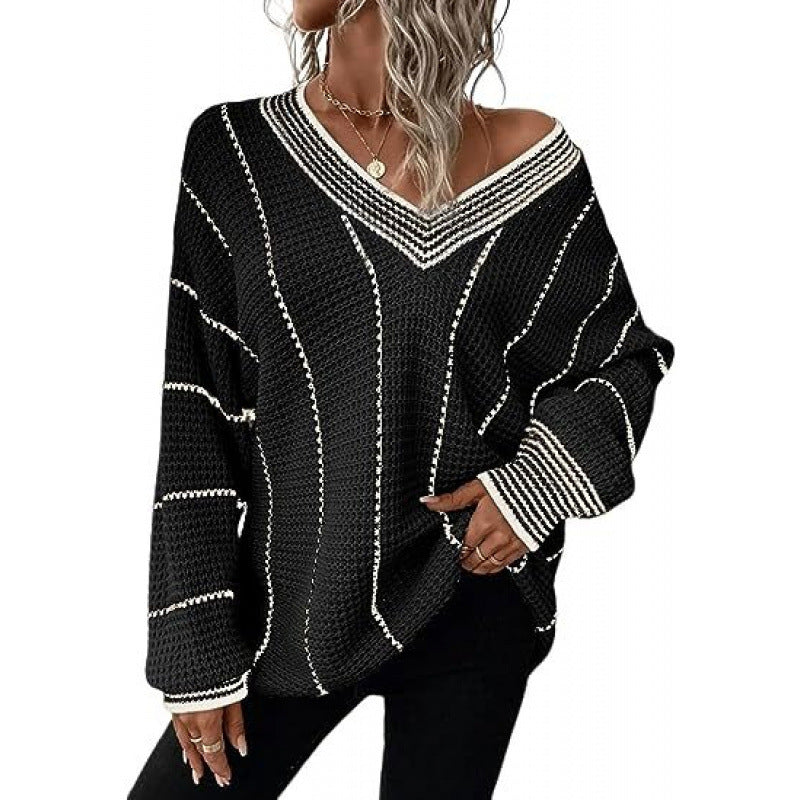 Women’s Striped V-Neck Sweater – Loose-Fit Long-Sleeve Casual Knit Pullover