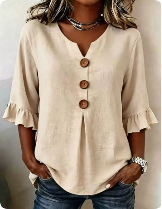 Summer Ruffled-Sleeve Top Loose Casual V-Neck Buttons Short-sleeved Shirts Women's Clothing