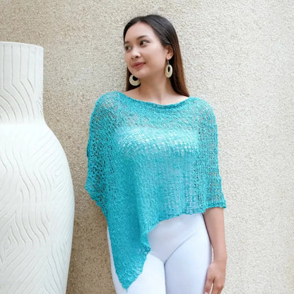 Short Popcorn Knit Poncho - Teal