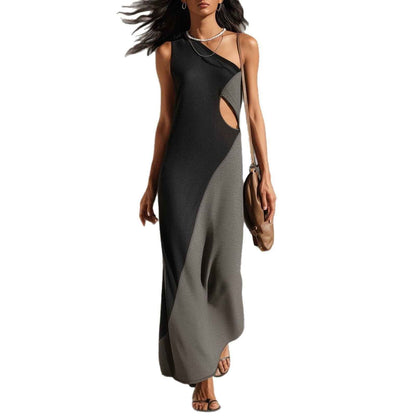 Women's One-Shoulder Color Block Midi Dress – Sleeveless Patchwork Casual Fashion Dress