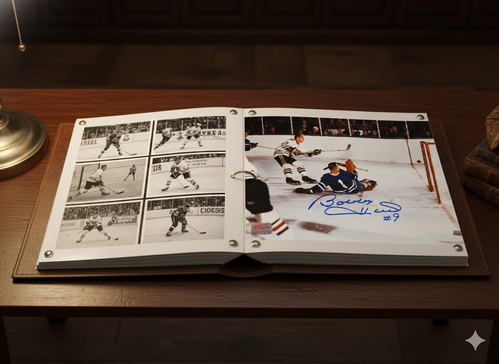 Bobby Hull Scores on Johnny Bower Signed 8x10 Photograph