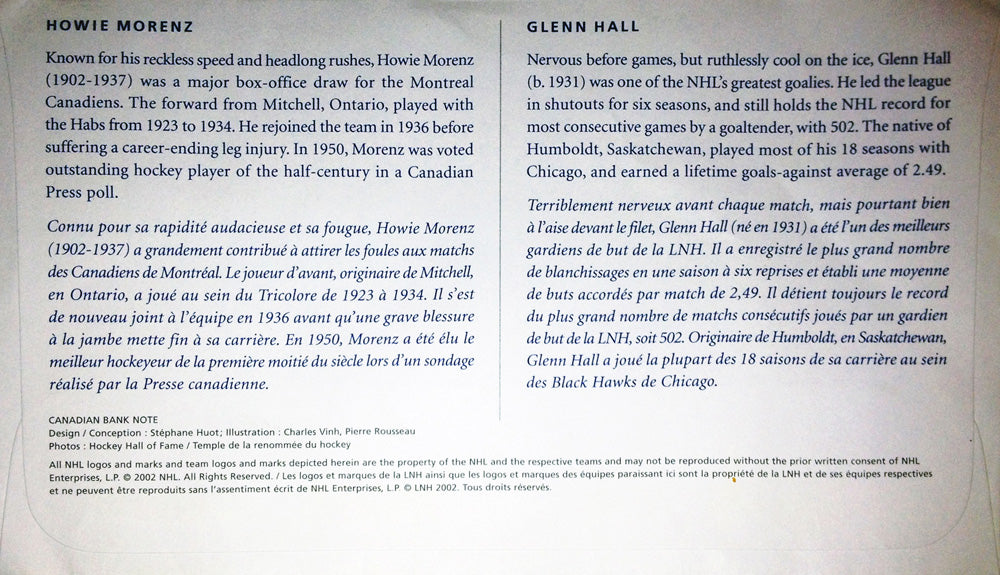 2002 Glenn Hall & Howie Morenz First Day of Issue Stamps