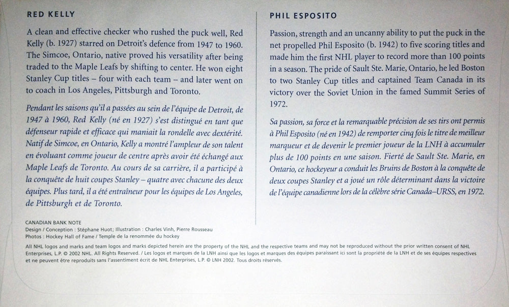 Red Kelly & Phil Esposito 2002 Day of Issue Stamp Set