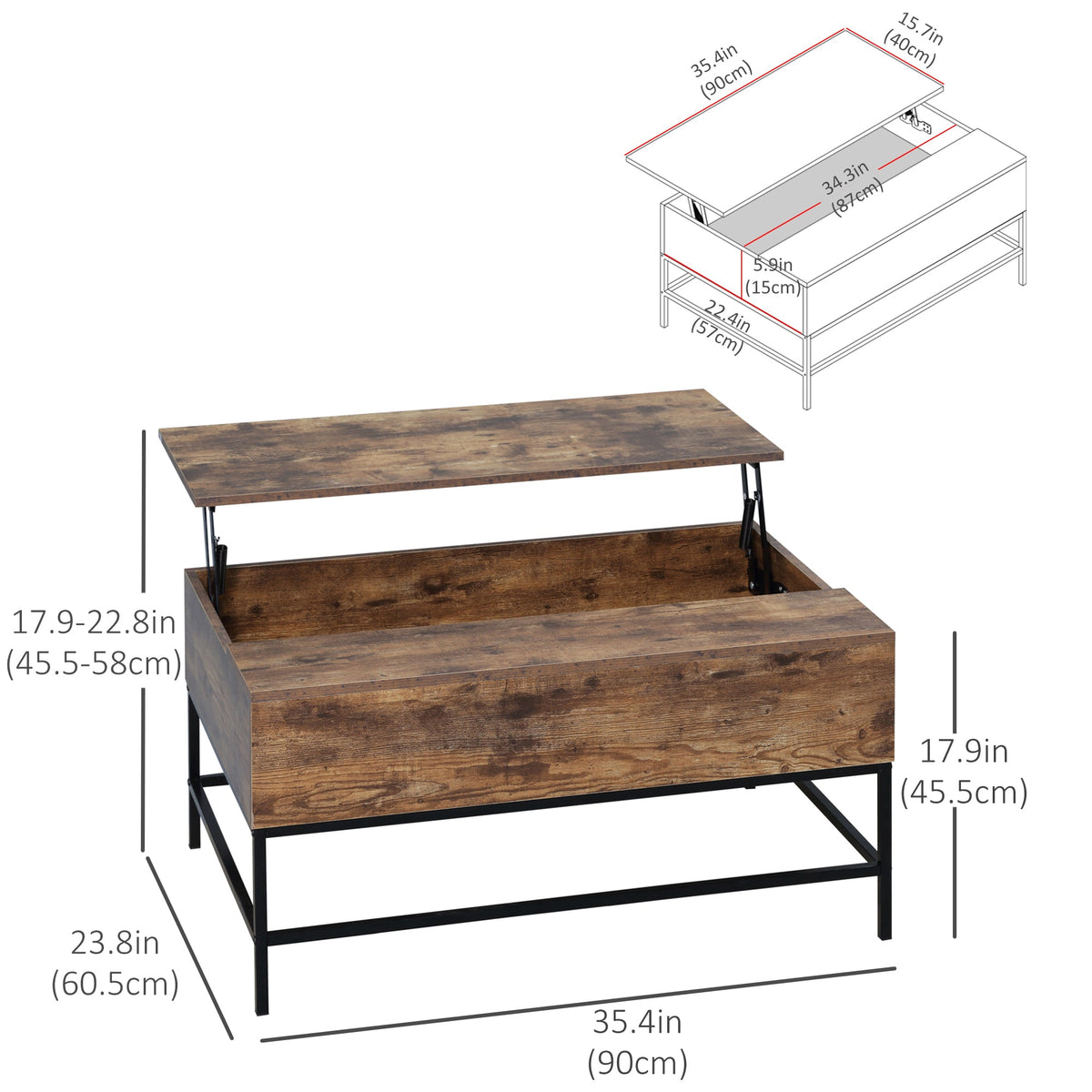 Table basse relevable Reese avec compartiment de rangement caché - Marron rustique