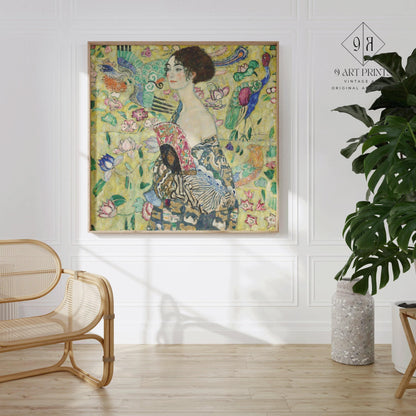Gustav Klimt Lady With Fan Fine Art Print: Vintage Green Painting (1x1)