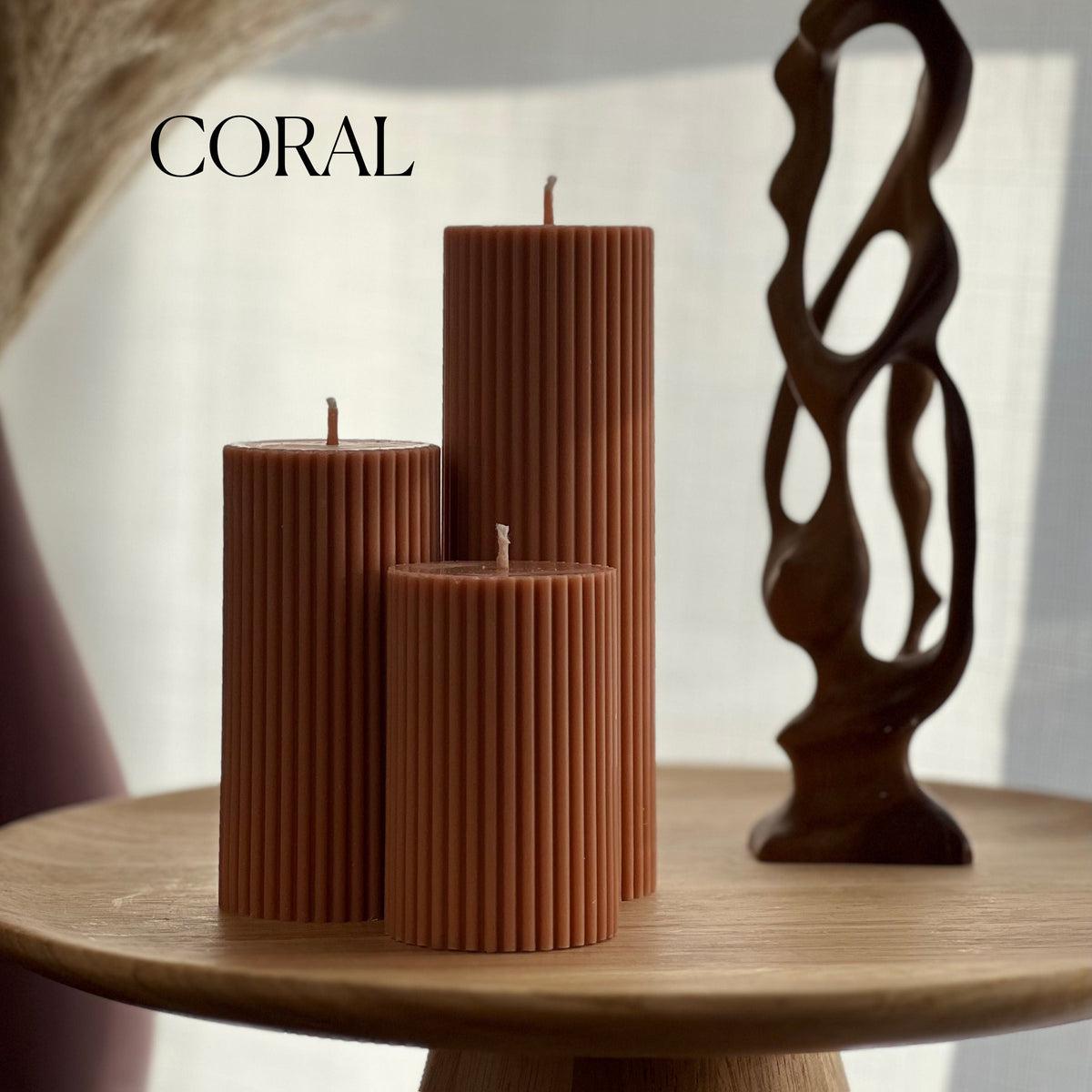 Soy Wax Ribbed Pillar Candle Set | Unscented Decorative Candles