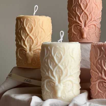 Handmade Deer Pillar Candle: Soy Wax Sculptural Home Decor