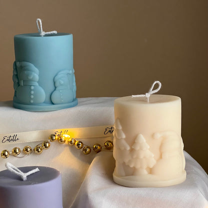 Bougie pilier en cire de soja bonhomme de neige fait main : Décoration de Noël