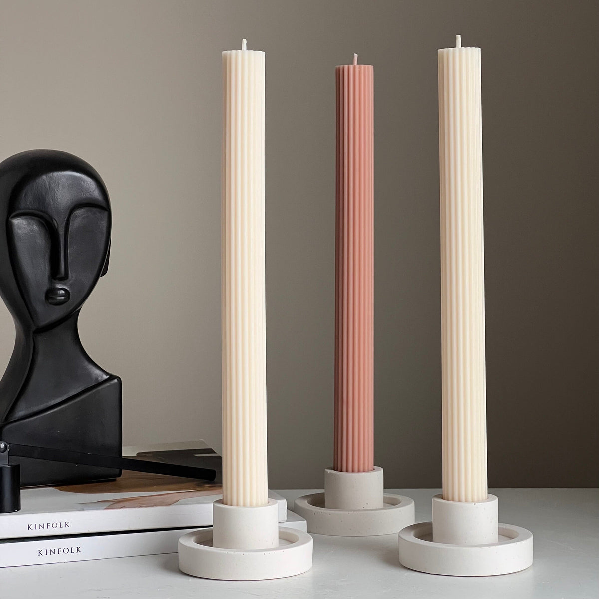 Ribbed Taper Candle: Handmade Soy Wax Pillar, Unscented
