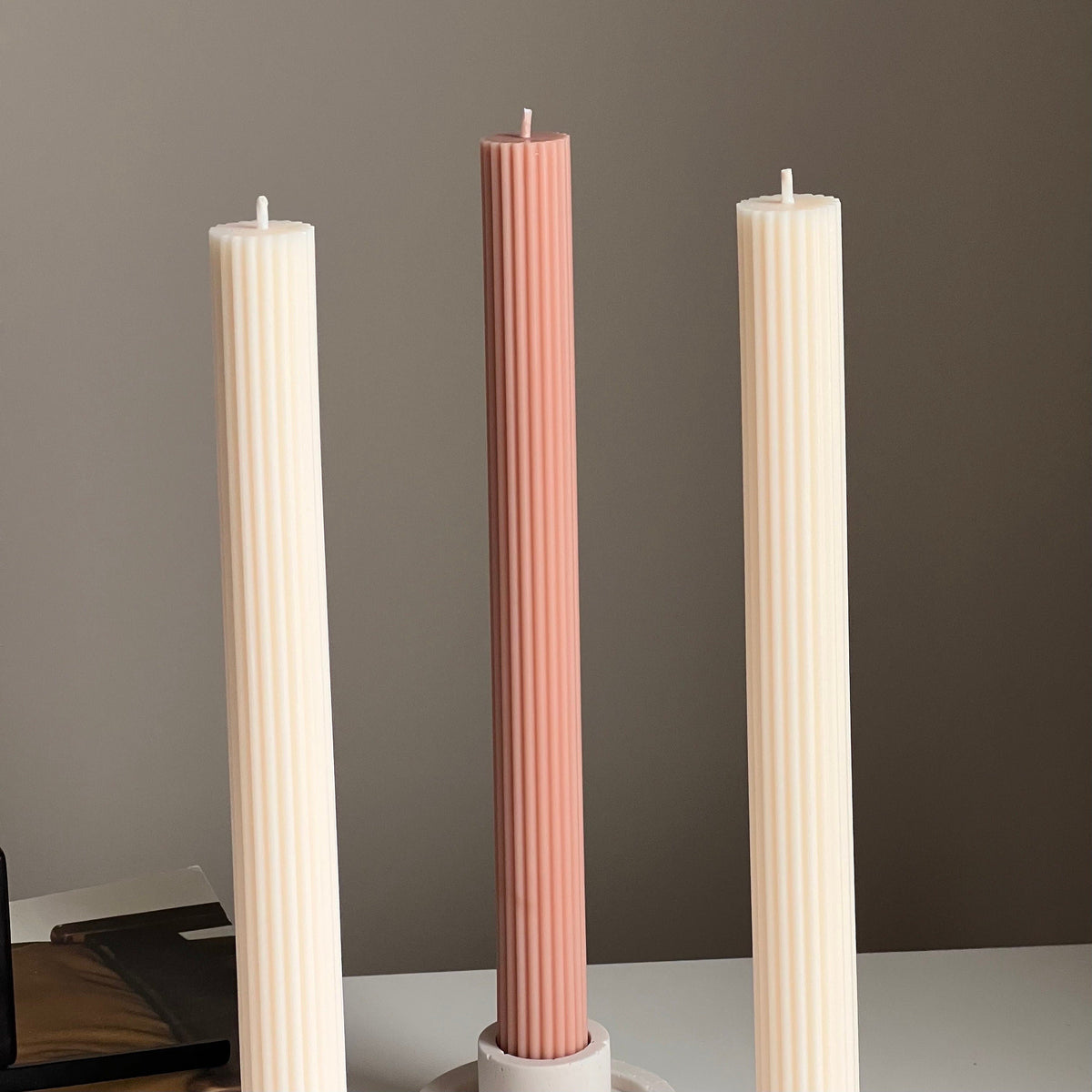 Ribbed Taper Candle: Handmade Soy Wax Pillar, Unscented
