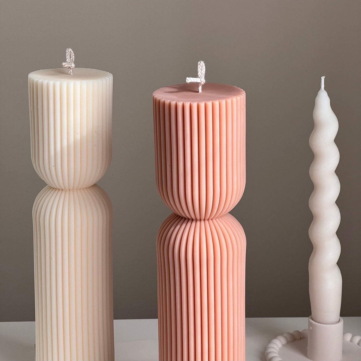 Ribbed Hourglass Pillar Candle: Sculptural Striped Soy Candle