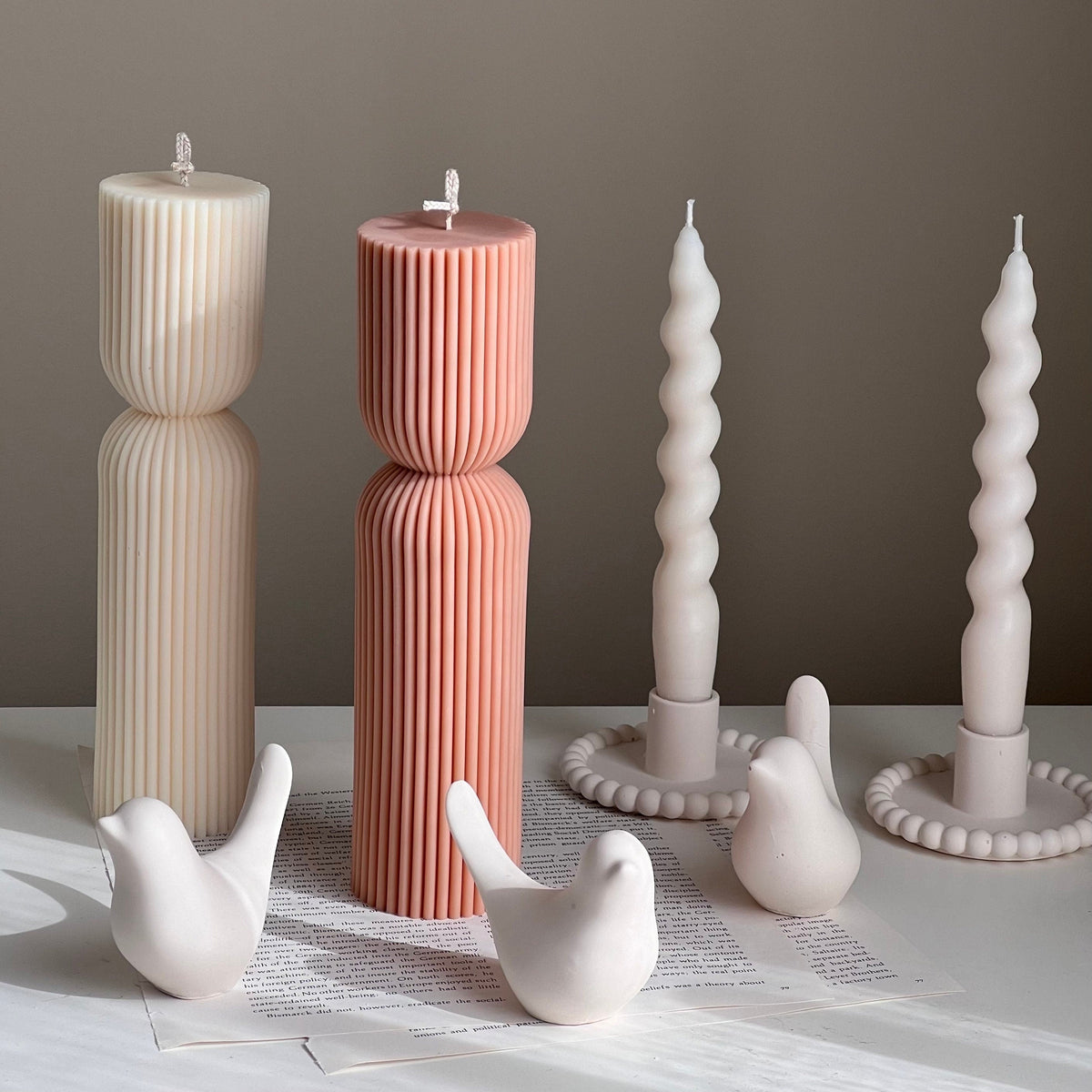 Ribbed Hourglass Pillar Candle: Sculptural Striped Soy Candle